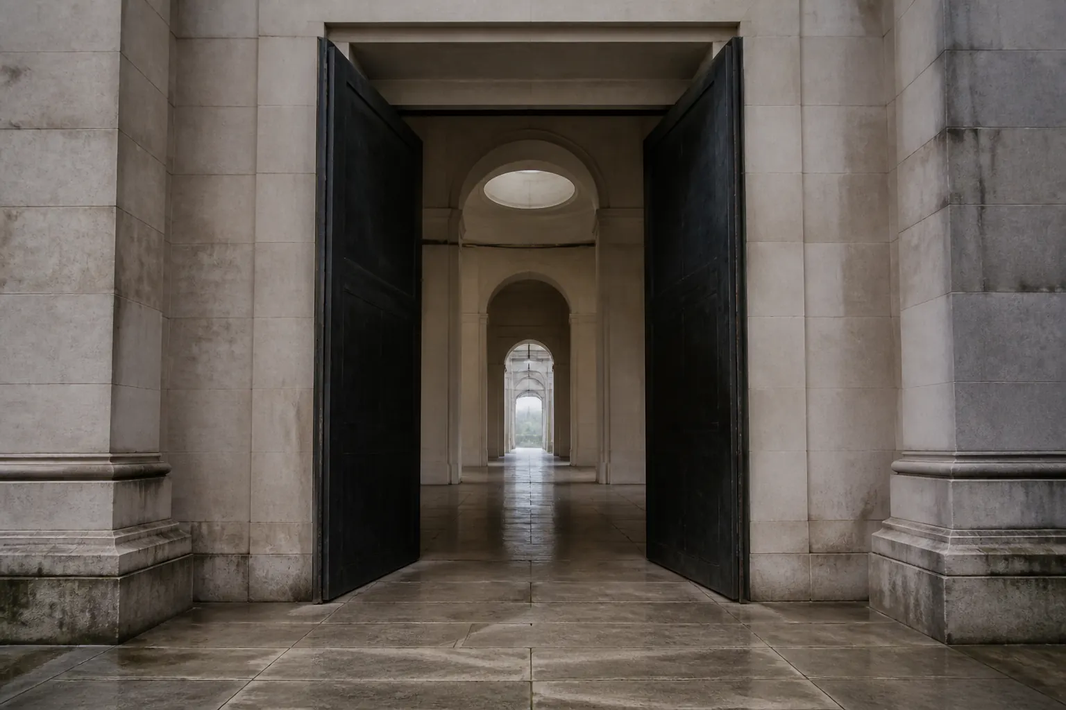 Conceptual architectural image of an open institutional threshold
